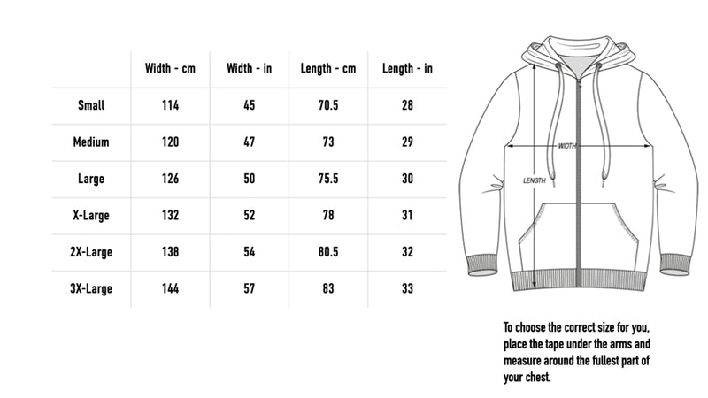 Size chart for Down On Earth Zip Hoodie - Black