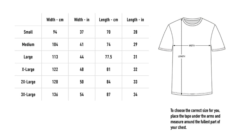 Size chart for Live At Outbreak Tee - Black