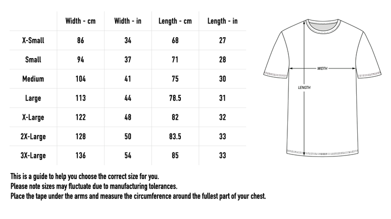 Size chart for Peripheral Vision Anniversary Tee - Bone